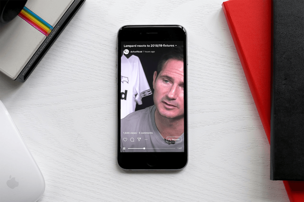 Mockup of Derby County's interview with manager Frank Lampard on the IGTV app