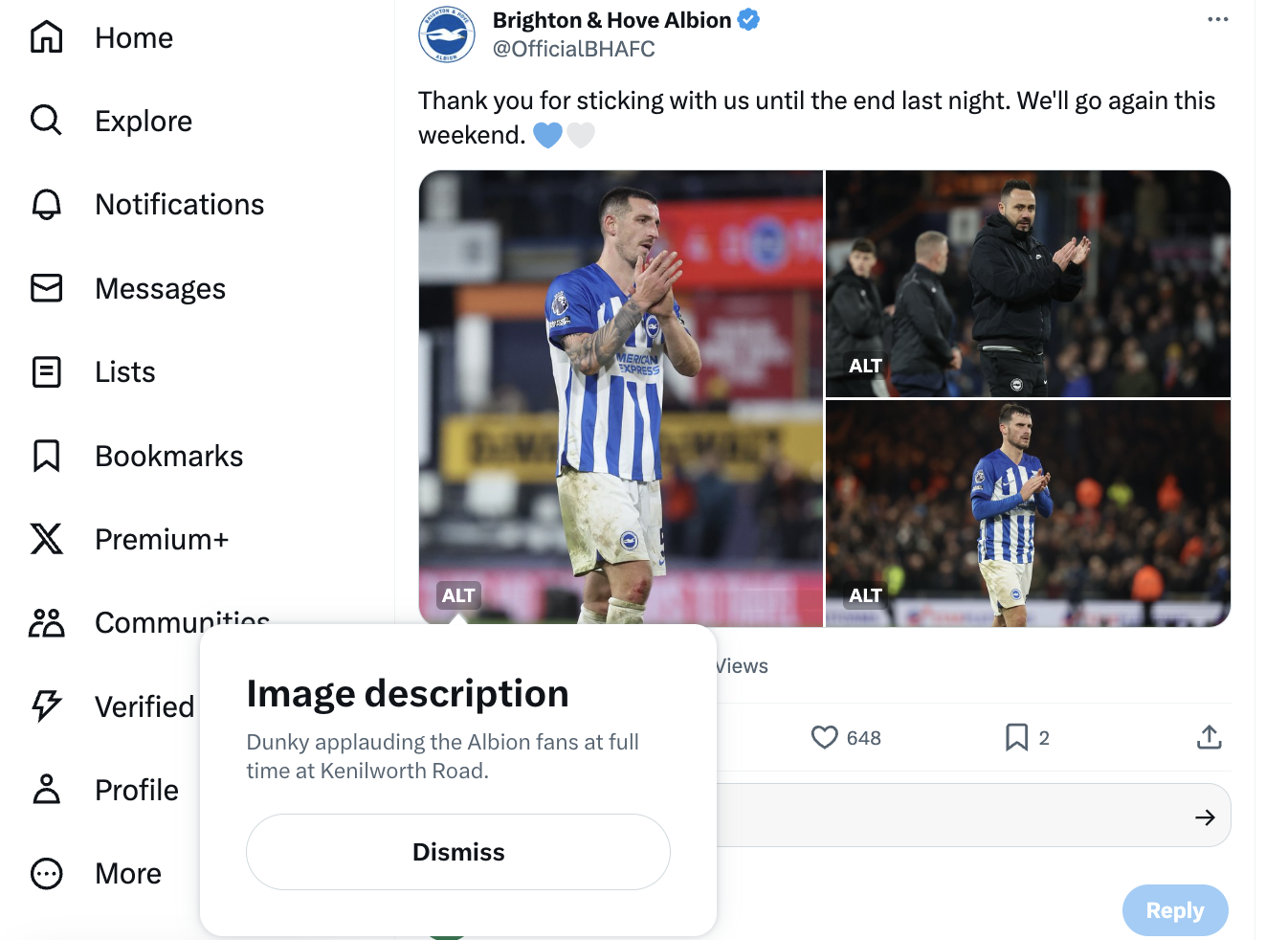 A screenshot showing a collage of images on X from Brighton's account, with the alt text "Dunky applauding the Albion fans at full time at Kenilworth Road"