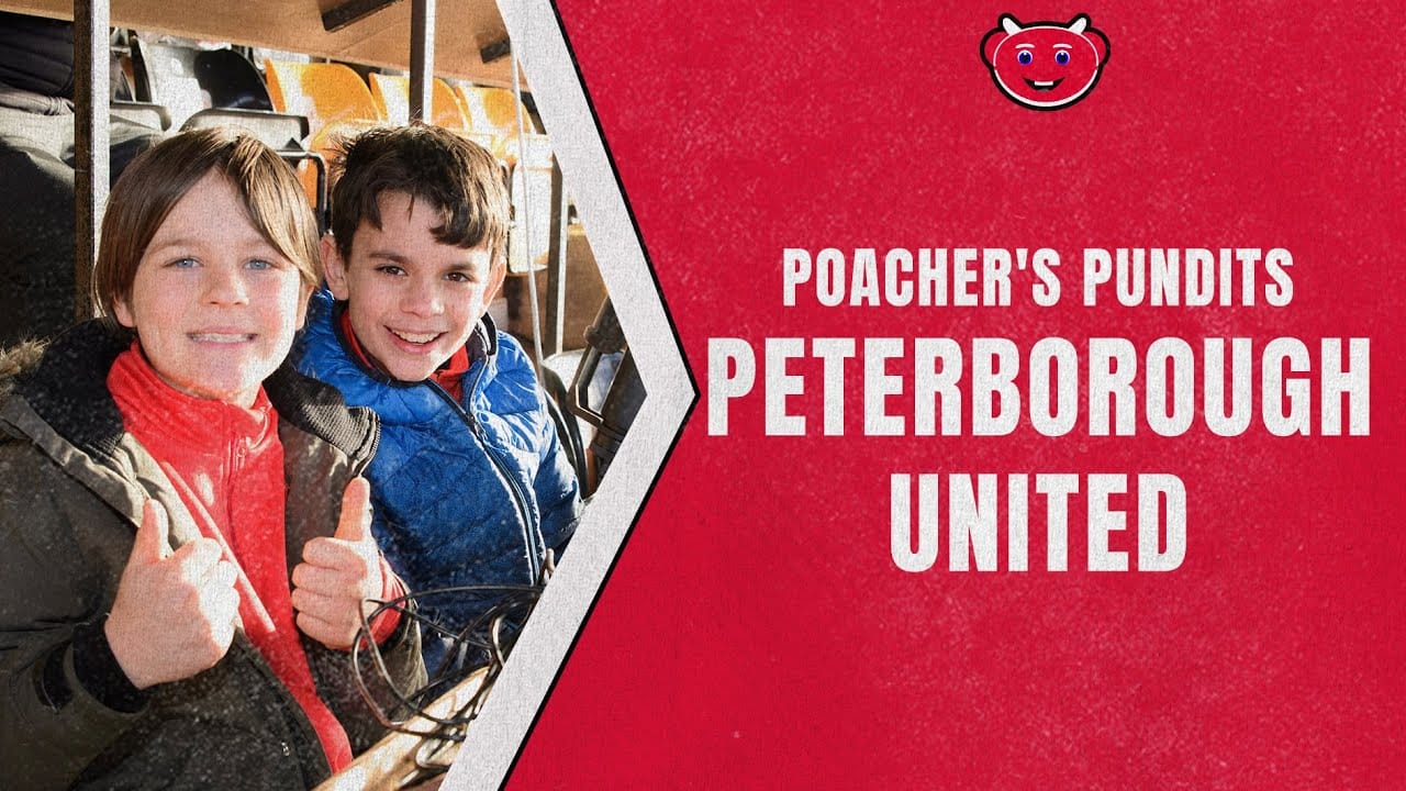 A cover image for Poacher's Pundits, a series from Lincoln City on YouTube, featuring two smiling kids who got to commentate on their game against Peterborough United